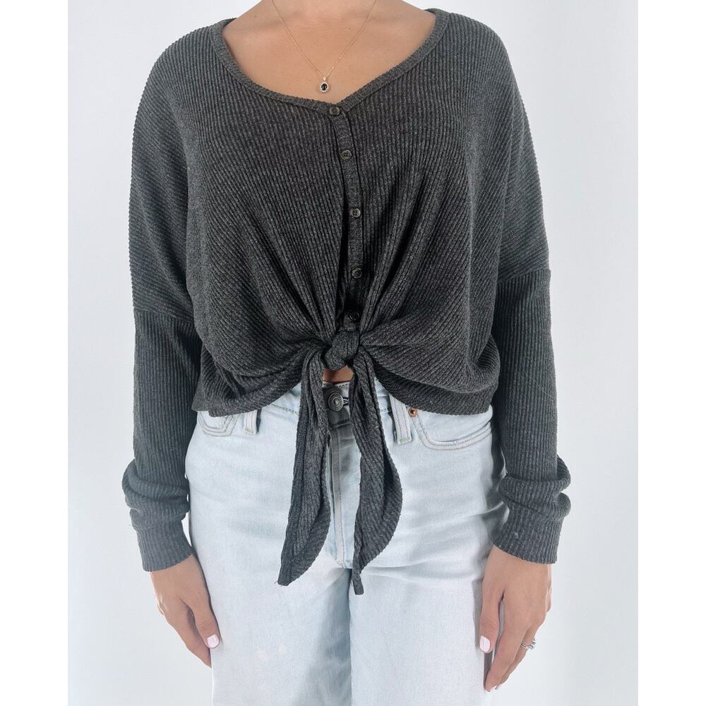 Weekend Edition Gray Front Tie Ribbed Button Down Long Sleeve Size Medium